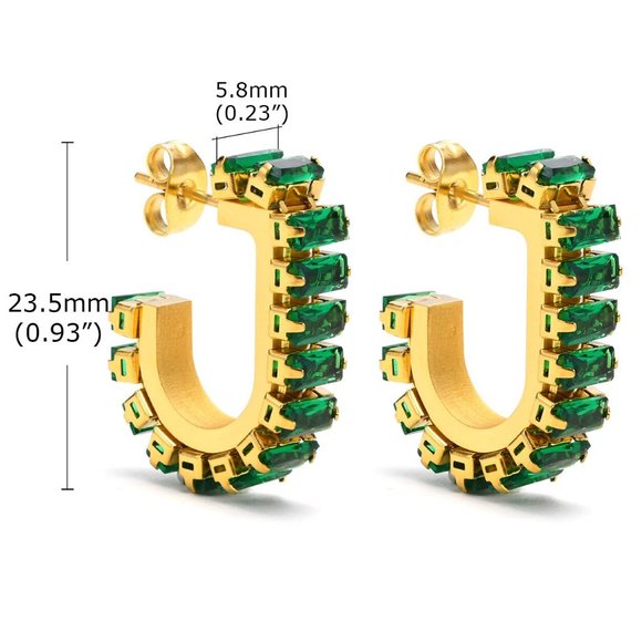 Emerald Green Zircon Baguette PVD 18K Gold Plated J Shape Hoop Earrings - Picture 5 of 7